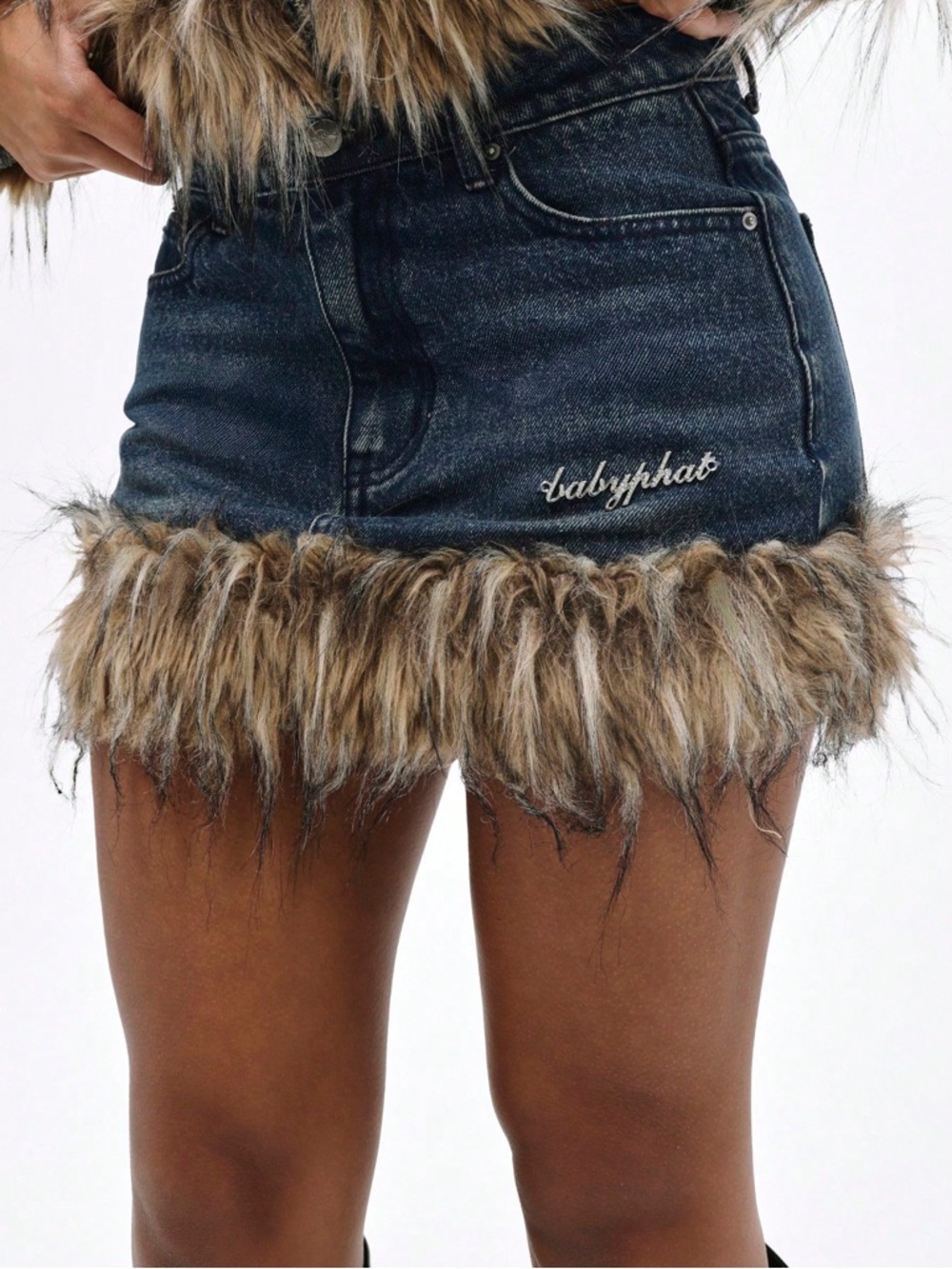 NWT Baby Phat Dark Denim Mini Skirt with Faux Fur Trim
